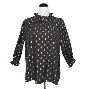 New AVANOVA Womens L Blk Gold Foil Metallic Polka Dot Blouse Smocked Ruffle Neck